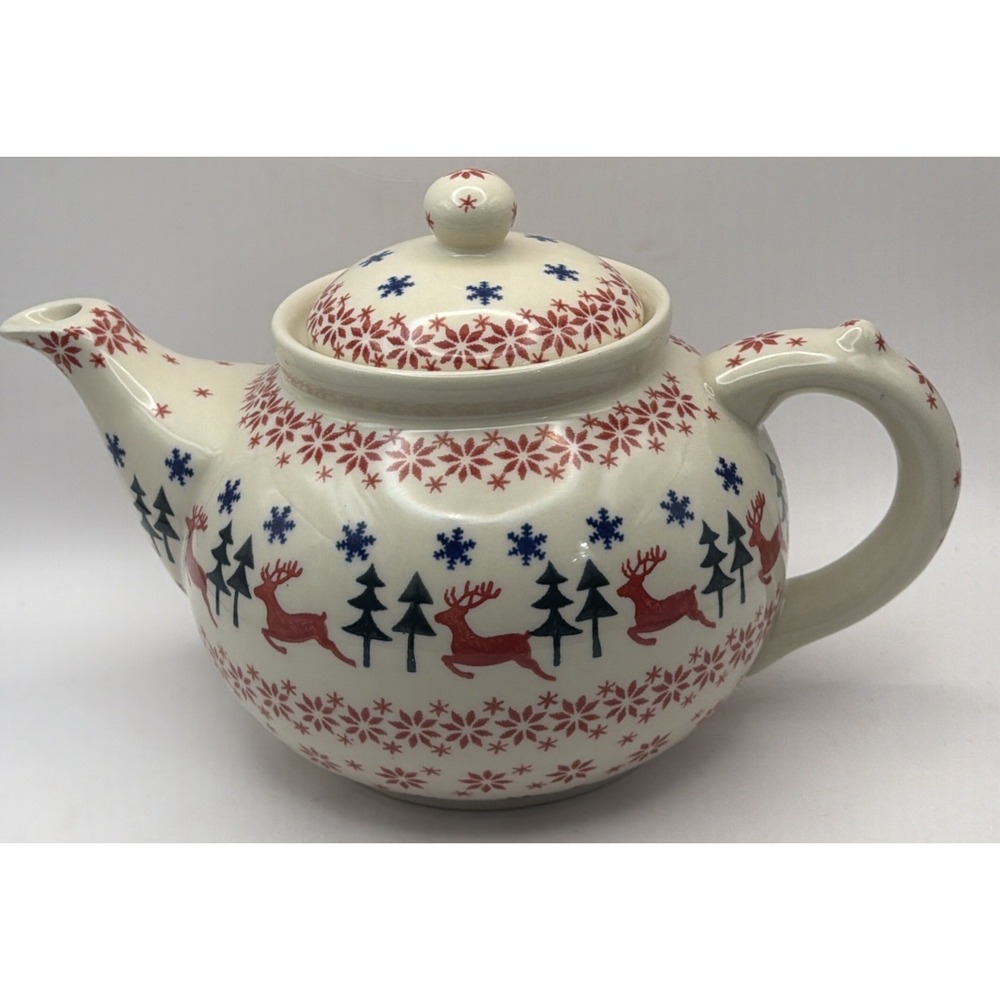 Vena Polish Pottery Unikat Teapot Reindeer Trees Snowflake Signed Uno Alla Volta